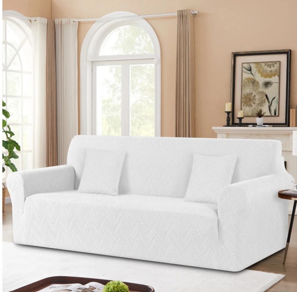 BRAND NEW ~ Cream Jacquard Non-Slip 3 Seat Sofa Cover & 2 Toss Pillow Covers